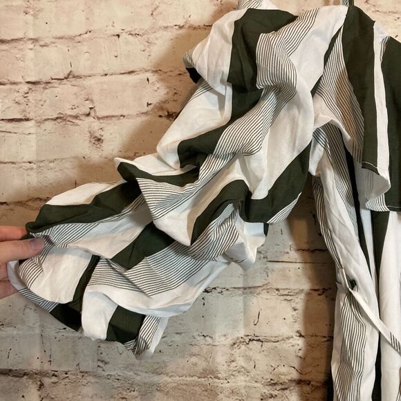 Hot & Delicious Dress Womens Medium Green Striped Ruffle Balloon Sleeve Boho - Picture 7 of 13
